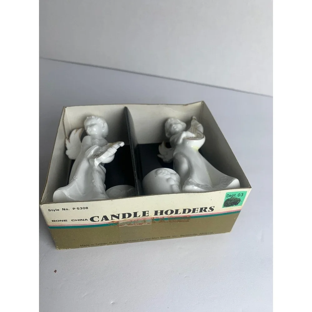 Vintage Bone China Angel‎ Candle Holders Gold Trim Cherub Musicians Set of 2